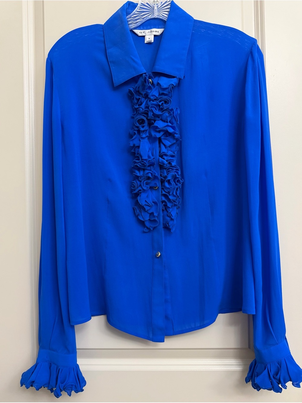 St. John Ruffle Front Button-Down Blouse in Vivid Blue